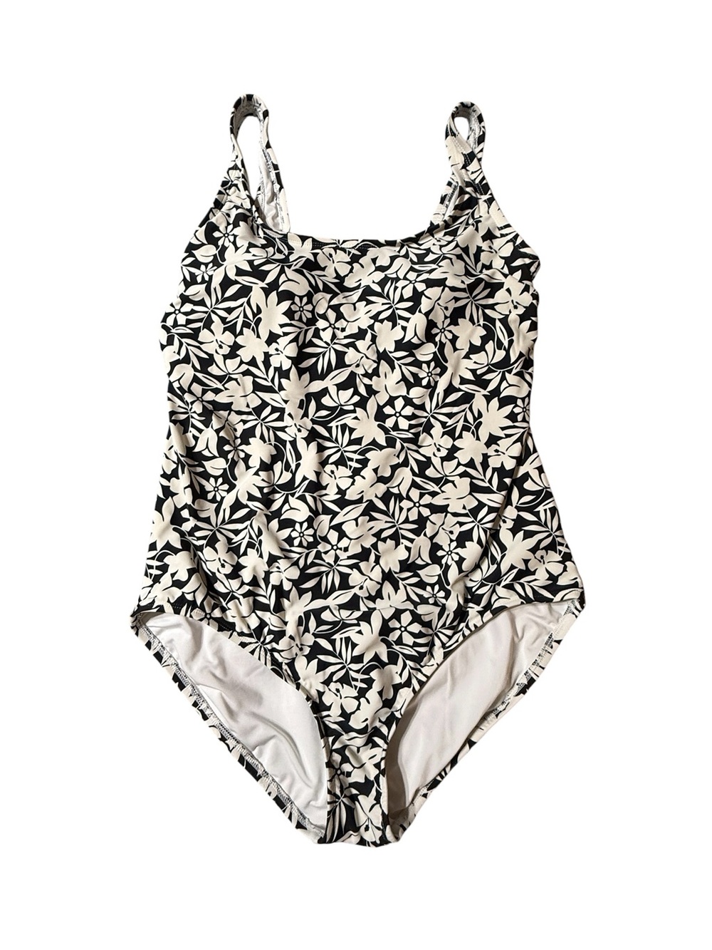 Lands End Black White Floral One Piece Swimsuit Size L 14/16 Scoop Neck Tank